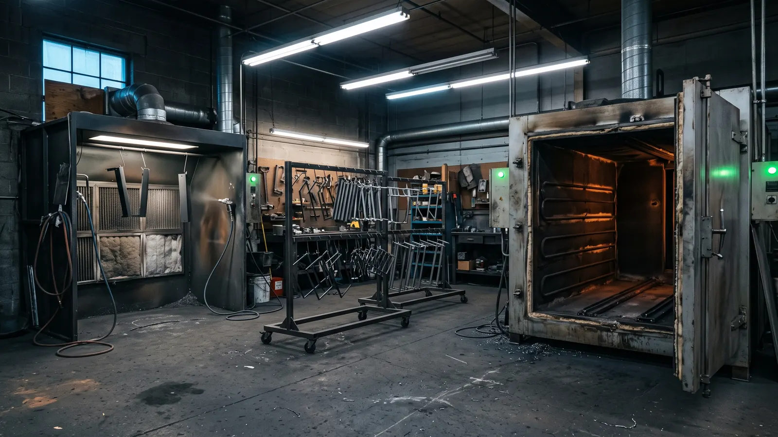 Inside a working powder coating shop with racks and a curing oven