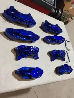 Set of brake calipers powder coated in candy blue
