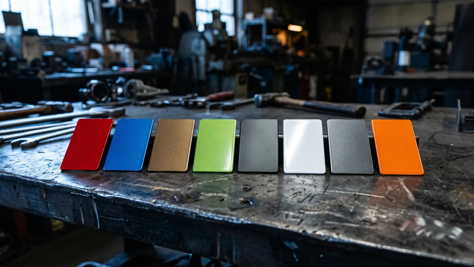 Powder coat color swatches in metallic, candy and matte finishes from Prismatic Powders