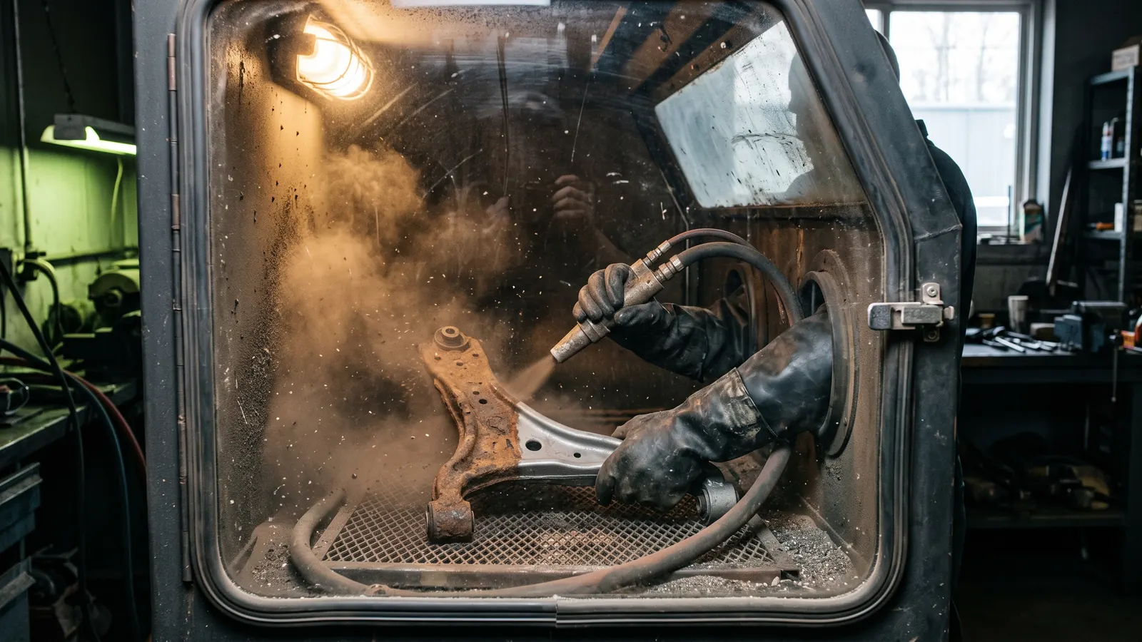 Rusty metal part being media blasted down to bare metal in a blast cabinet