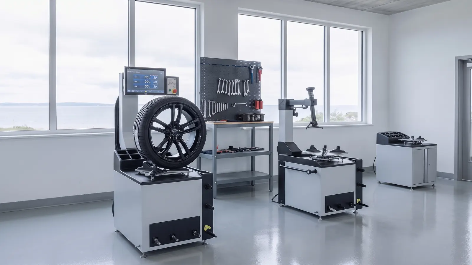 Powder coated wheel with tire mounted on a wheel balancing machine